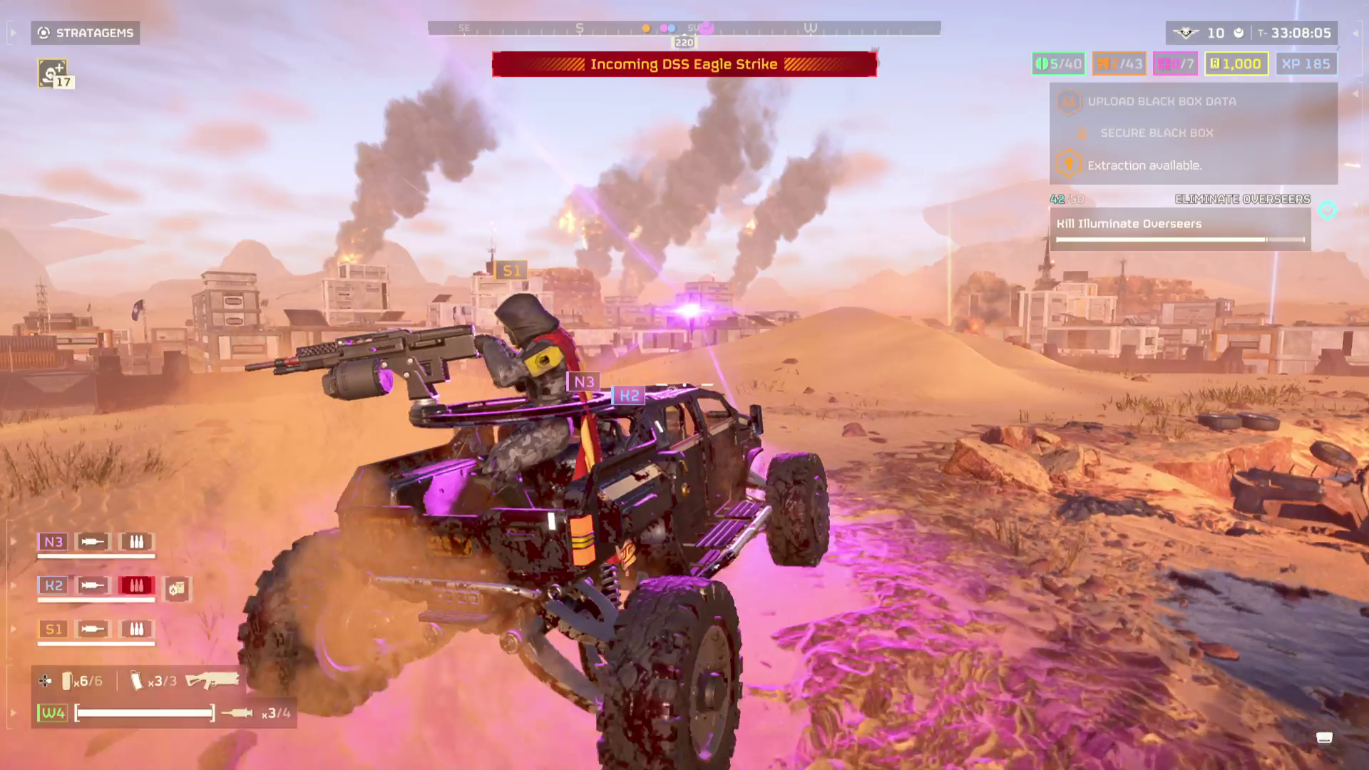 Helldivers 2 helldivers in FRV driving through desert