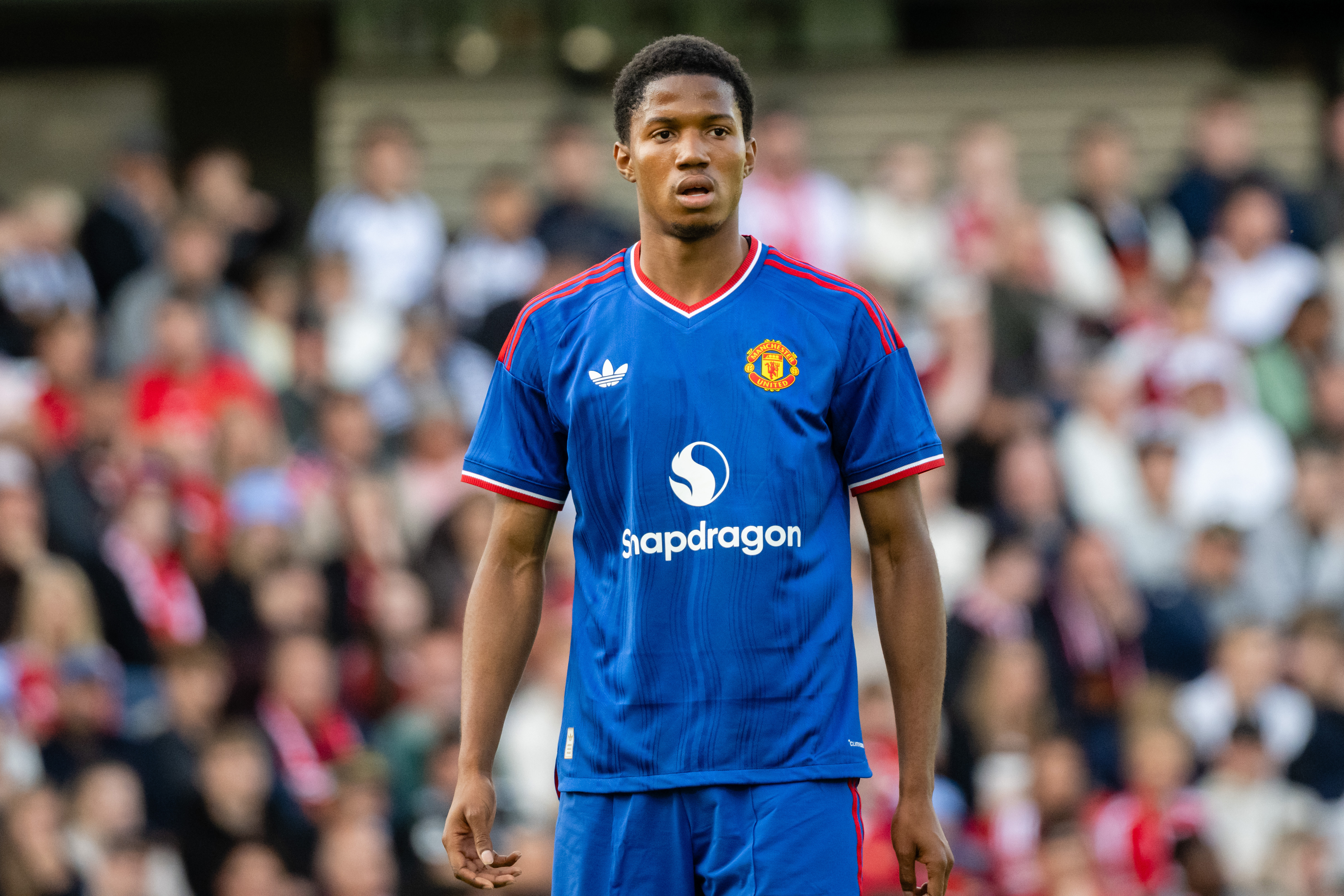 Chido Obi of Manchester United in action during the pre-season friendly match between Rosenborg and Manchester United at Lerkendal Stadion on July 24, 2026 in Trondheim, Norway.