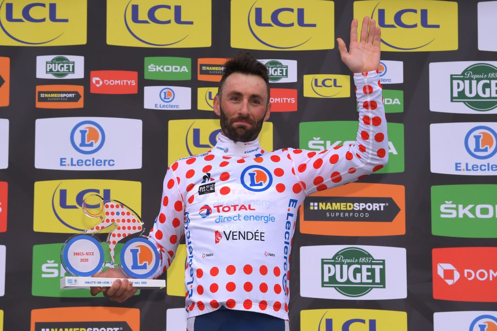LA CHATRE FRANCE MARCH 10 Podium Jonathan Hivert of France and Team Total Direct Energie Polka Dot Mountain Jersey Celebration Trophy during the 78th Paris Nice 2020 Stage 3 a 2125km stage from ChalettesurLoing to La Chtre ParisNice parisnicecourse PN on March 10 2020 in La Chatre France Photo by Luc ClaessenGetty Images