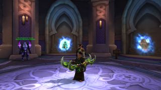 WoW Radiant Echoes - a blood elf demon hunter is standing near some portals in Dalaran