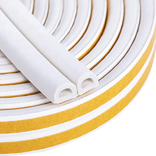 Draught Excluder Tape for Door Window, Self-Adhesive Weather Stripping, 6m Type D Sealing Foam Tape Strip Against Cold Draught/anti-Collision/soundproof/waterproof/dustproof White