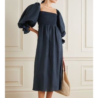 Atlanta off-the-shoulder shirred organic linen midi dress