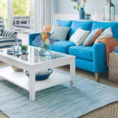 blue living room with sofa, rug and coffee table