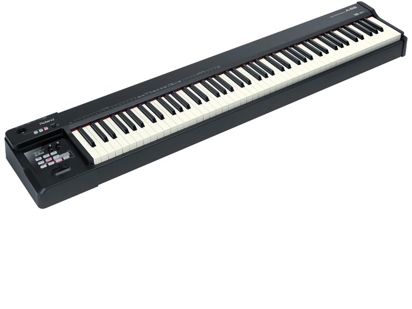 The Roland A-88 has progressive hammer action keys.