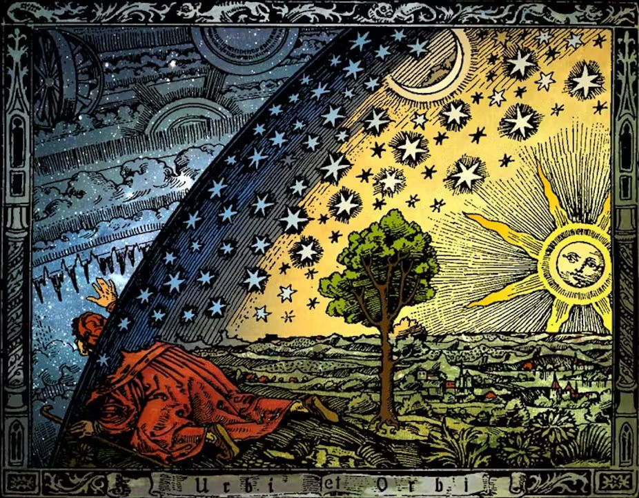 an illustrated image in a medieval style. A sun with nonplussed face exuding yellow throughout half the image. A tree grows just right of middle at the bottom, with a red-robed person crawling on the ground.