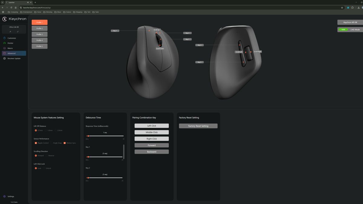 A screenshot of the Keychron Launcher, a web-based configuration tool for Keychron keyboards and mice