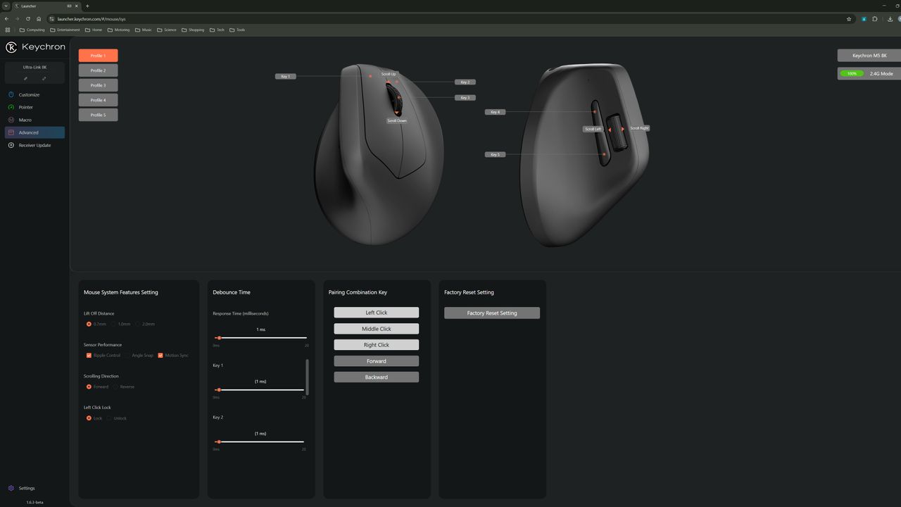 A screenshot of the Keychron Launcher, a web-based configuration tool for Keychron keyboards and mice