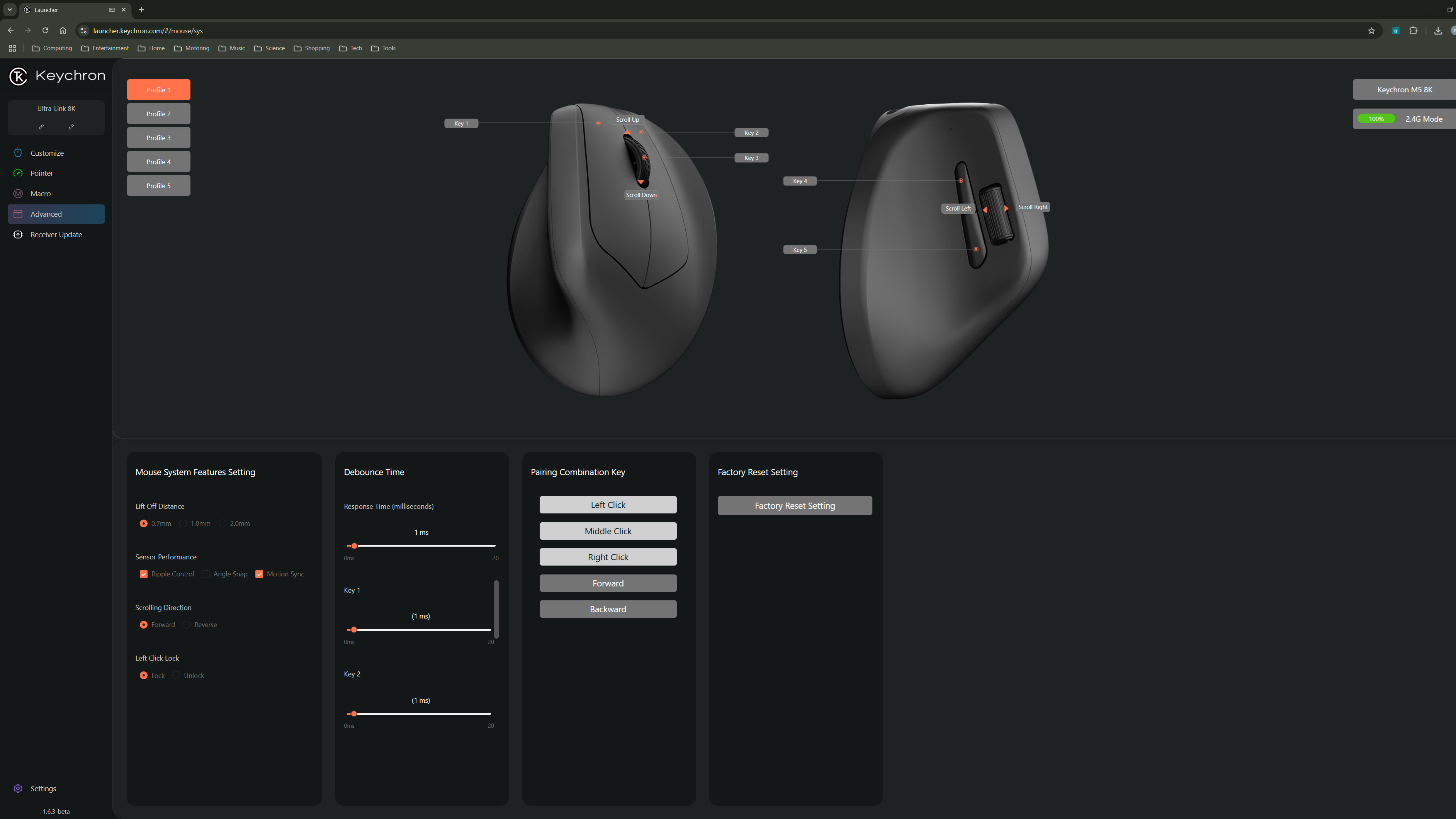 A screenshot of the Keychron Launcher, a web-based configuration tool for Keychron keyboards and mice