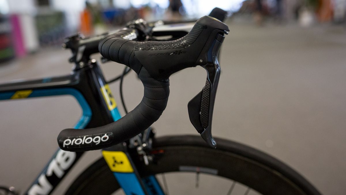 Perfectly taped handlebars are topped with Shimano Dura-Ace R9150 shifters