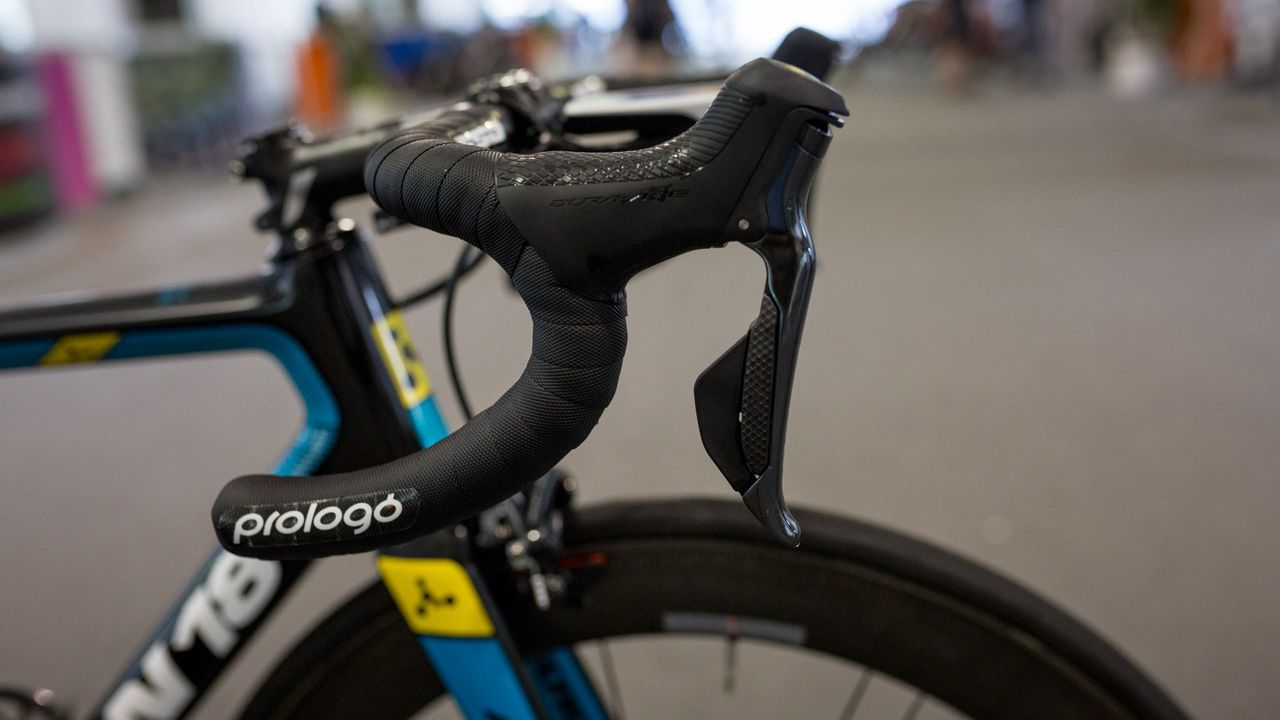 Perfectly taped handlebars are topped with Shimano Dura-Ace R9150 shifters