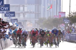 Mark Cavendish gets boxed in during the finale of stage 2 of the Dubai Tour