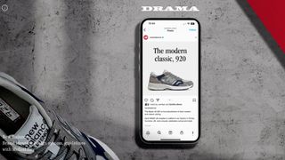 Smartphone laid flat on grey background showing font families created for shoe brand New Balance by Studio DRAMA