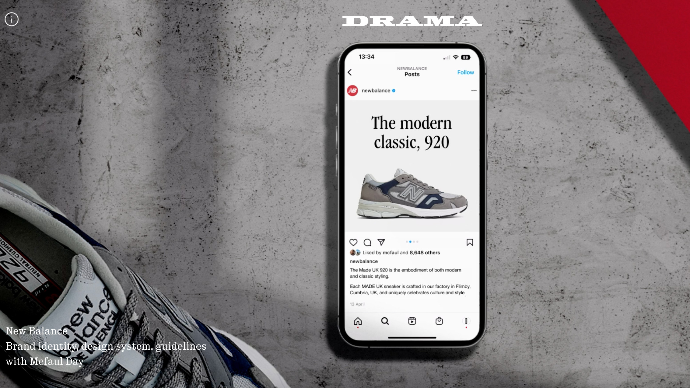 Smartphone laid flat on grey background showing font families created for shoe brand New Balance by Studio DRAMA