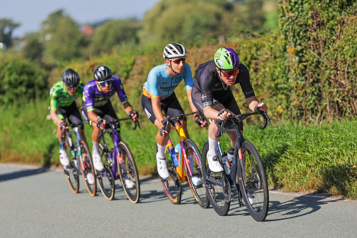 Picture by Alex Whitehead/SWpix.com - 03/09/2023 - Cycling - 2023 Tour of Britain - Stage 2: Wrexham to Wrexham (109.9km) - Finn Crockett of Team Saint Piran, Abram Stockman of Team TDT Unibet Cycling, Jacob Scott of Team Bolton Equities Black Spoke in the breakaway