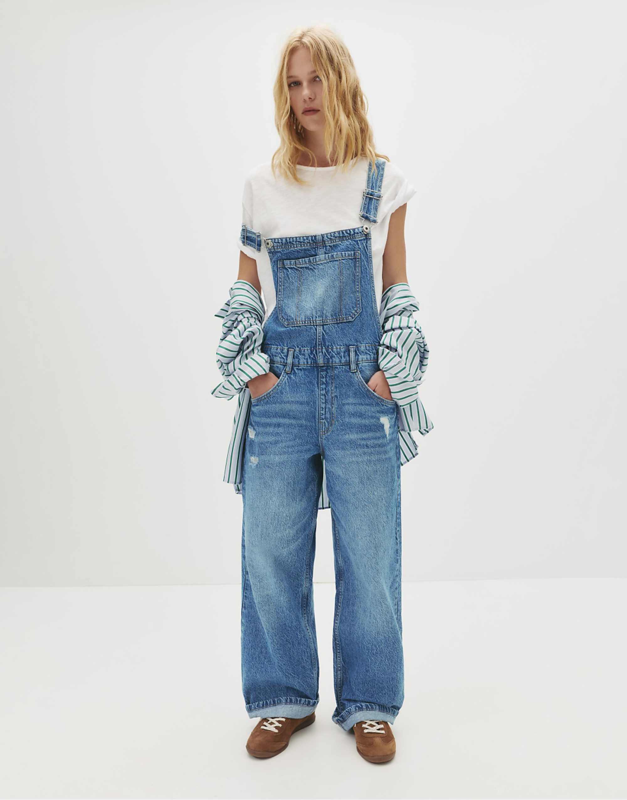 Pull&amp;amp;bear Long Denim Overalls in Medium Blue