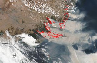 NASA's Aqua satellite, using the MODIS instrument captured smoke plumes coming off the wildfires in southeastern Australia on Jan. 5, 2020.