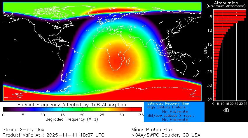 該圖顯示了火山爆發時世界陽光明媚地區的嚴重無線電中斷。最嚴重的停電發生在非洲和歐洲部分地區。