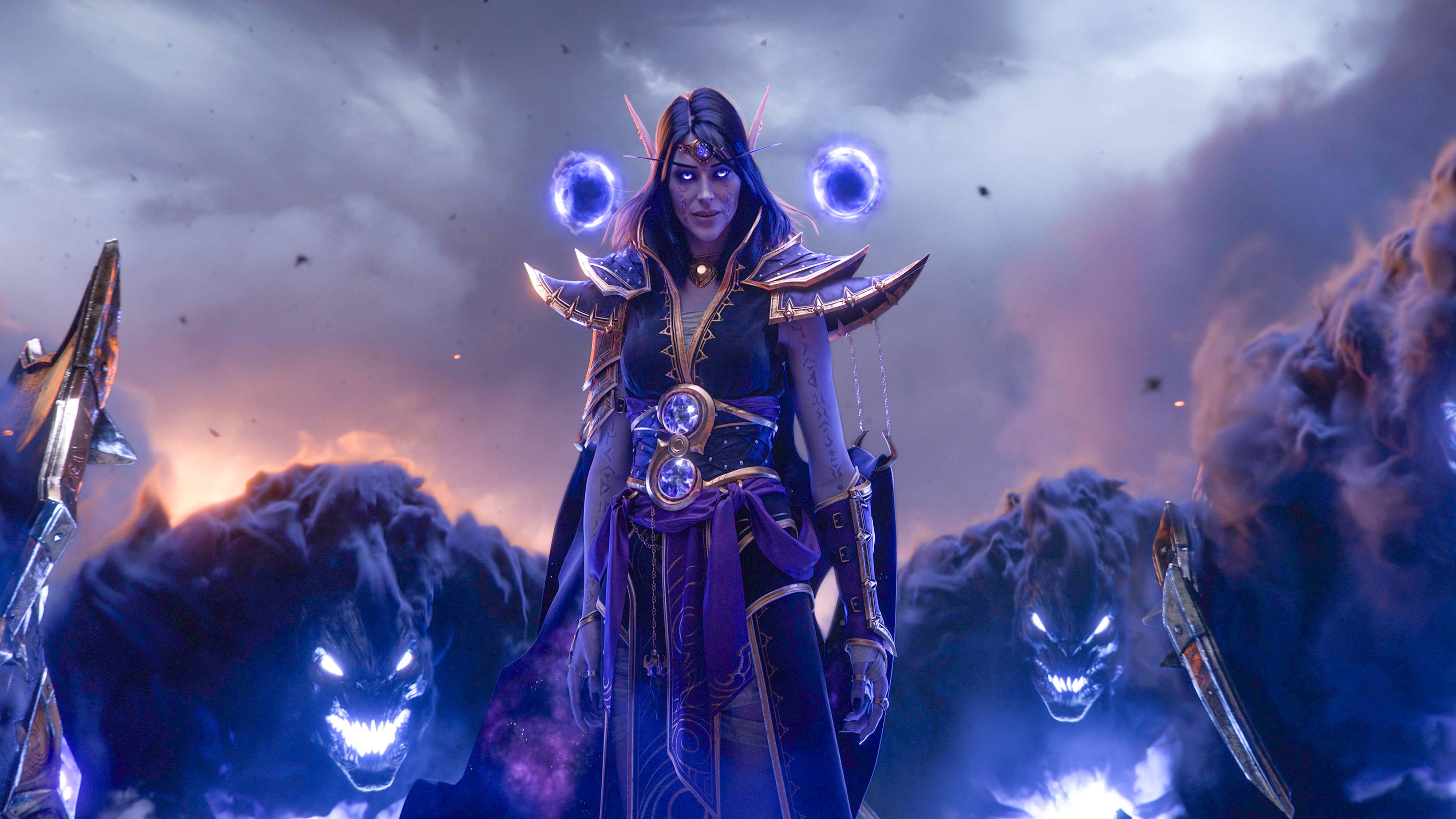 A woman standing in the center with two spherical magic balls floating on either side. Large foggy enemies smile menacingly behind her. 