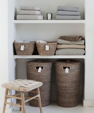 utility room with woven jute and coir baskets