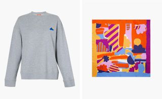 Two side-by-side photos of pieces by John Booth and Sunspel. The first photo is of a grey sweatshirt with an embroidered sun and cloud. And the second photo is of a sun and cloud print silk scarf. Both pieces are pictured against a light coloured background