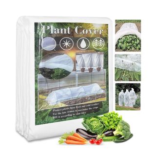 Garden fleece folded and wrapped in plastic packaging, with fruits and vegetables in the front of the frame