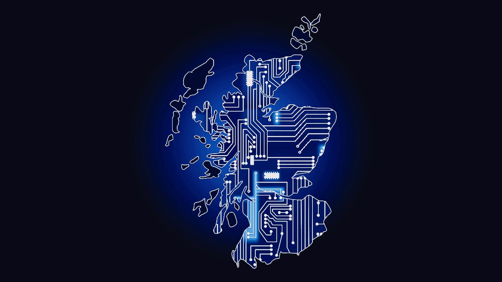A circuit board effect over Scotland against a dark background