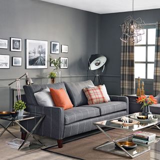 grey living room with sofa and walled pictures