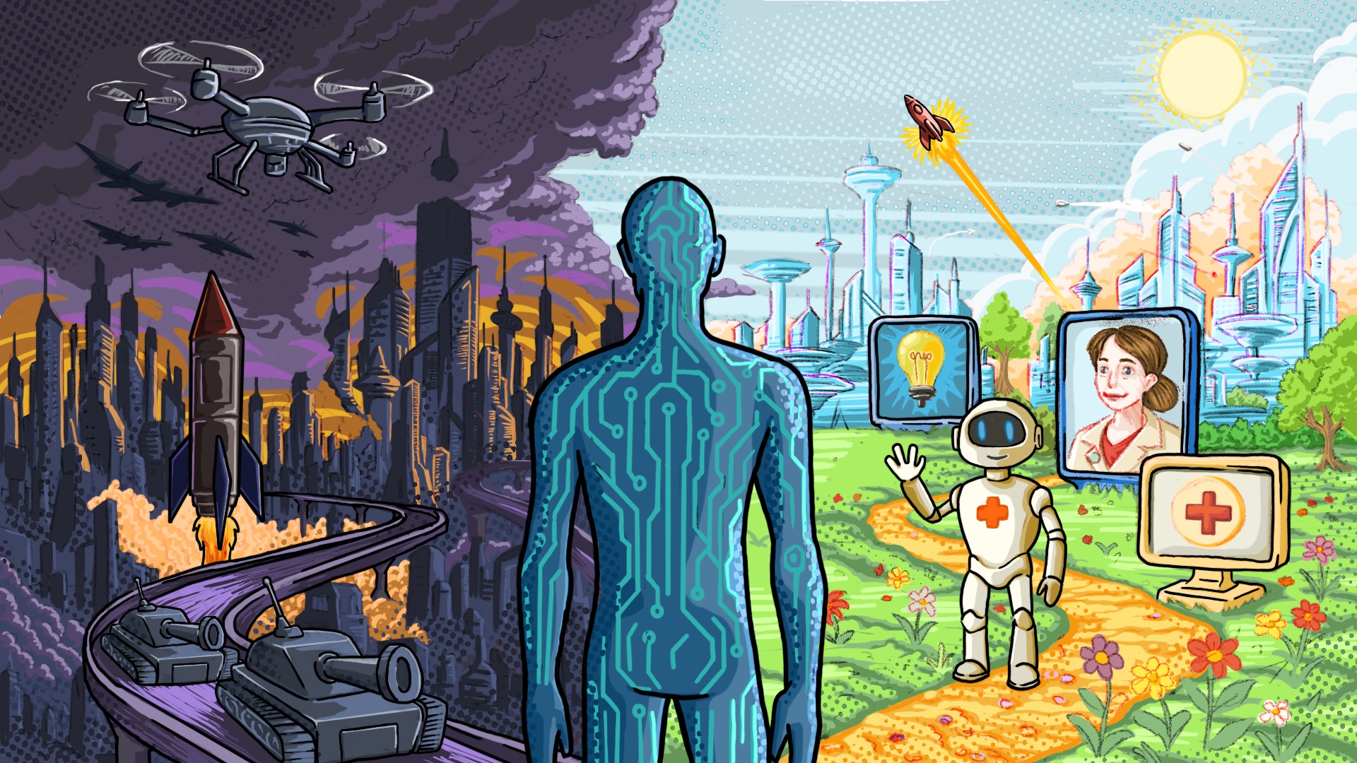 a conceptual illustration of a computer man looking at a dark dystopia on the left and a bright AI-driven utopia on the right
