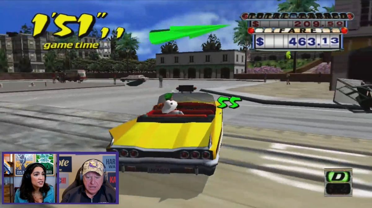 Gameplay of Crazy Taxi in sunny San Francisco with streamer camera of AOC and Tim Walz visible in lower left corner.