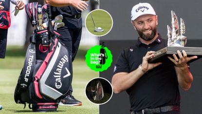 A close up of Jon Rahm's bag and him holding a trophy