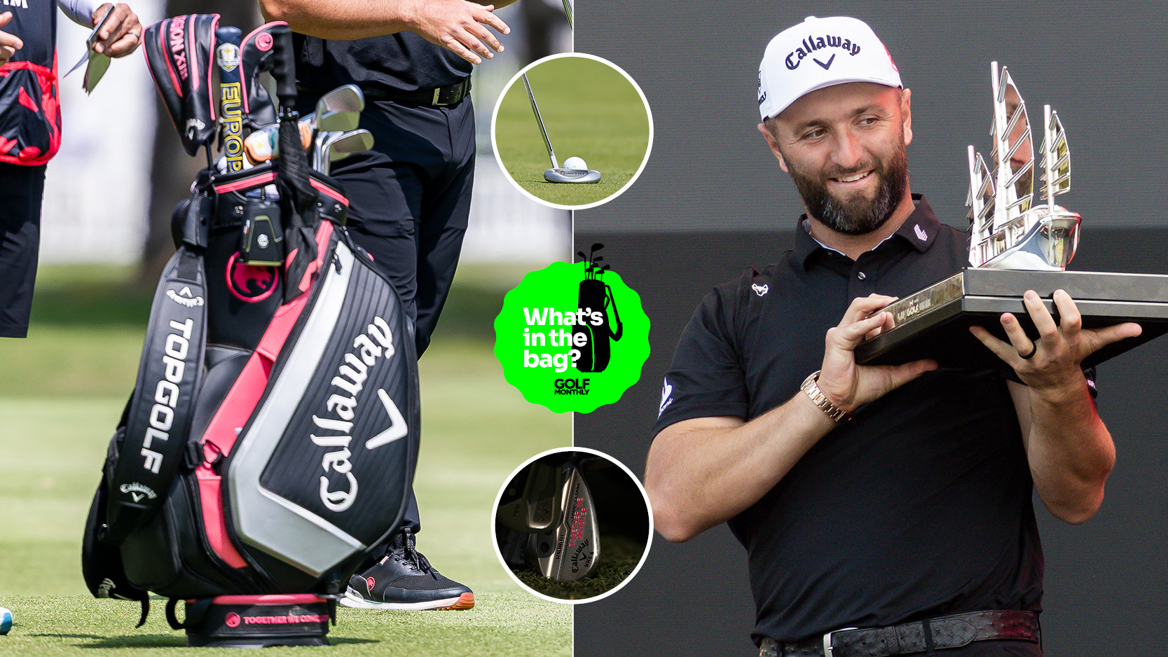 A close up of Jon Rahm's bag and him holding a trophy