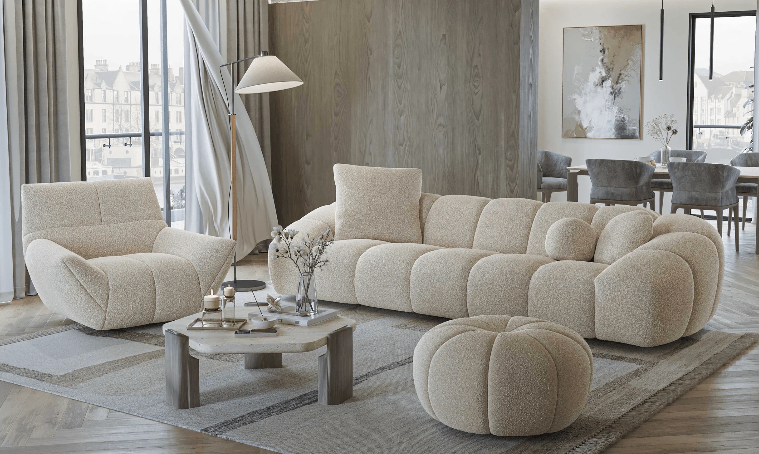 modern beige sofa in a living room with grey wood walls