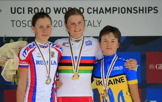 Junior women's podium: Amalie Dideriksen (Denmark), Anastasia Yakovenko (Russia), Olena Demydova (Ukraine)