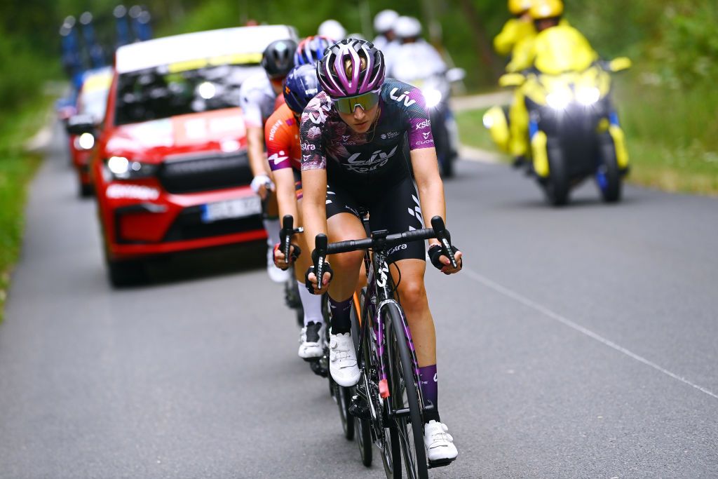 PROVINS FRANCE JULY 25 Sabrina Stultiens of Netherlands and Team Liv Racing Xstra competes in the breakaway during the 1st Tour de France Femmes 2022 Stage 2 a 1364km stage from Meaux to Provins TDFF UCIWWT on July 25 2022 in Provins France Photo by Tim de WaeleGetty Images