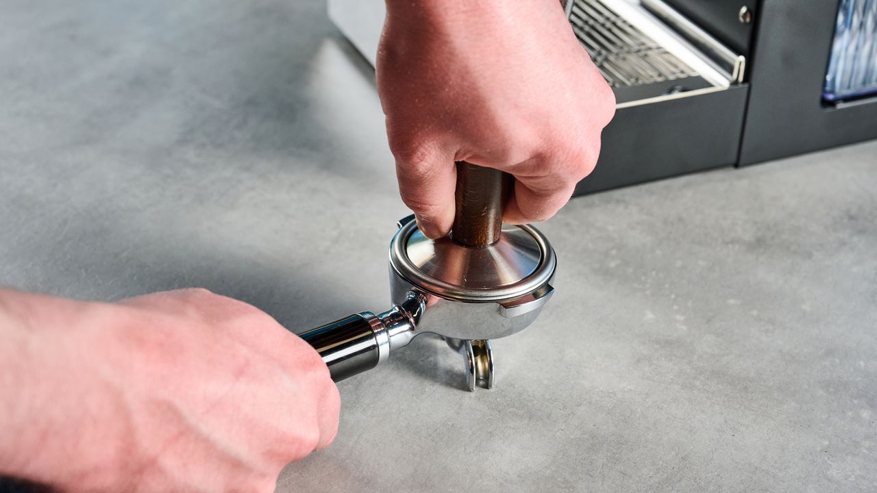 The Diletta Mio espresso machine portafilter being tamped