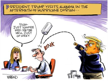Political Cartoon U.S. Trump Hurricane Dorian paper towels