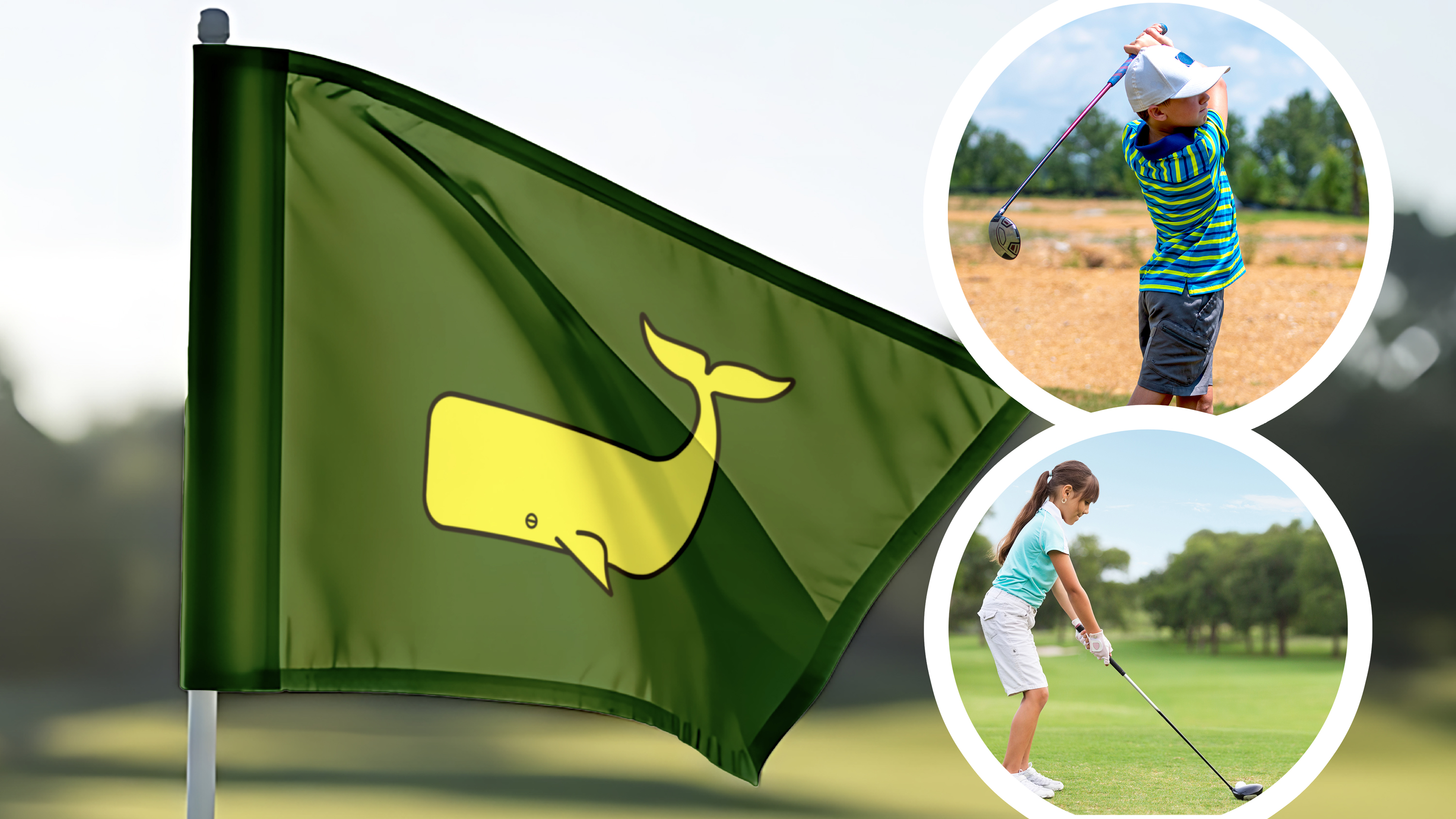 An image of the Whalebone Golf Club flag with inset images of a male and female junior golfer hitting golf shots