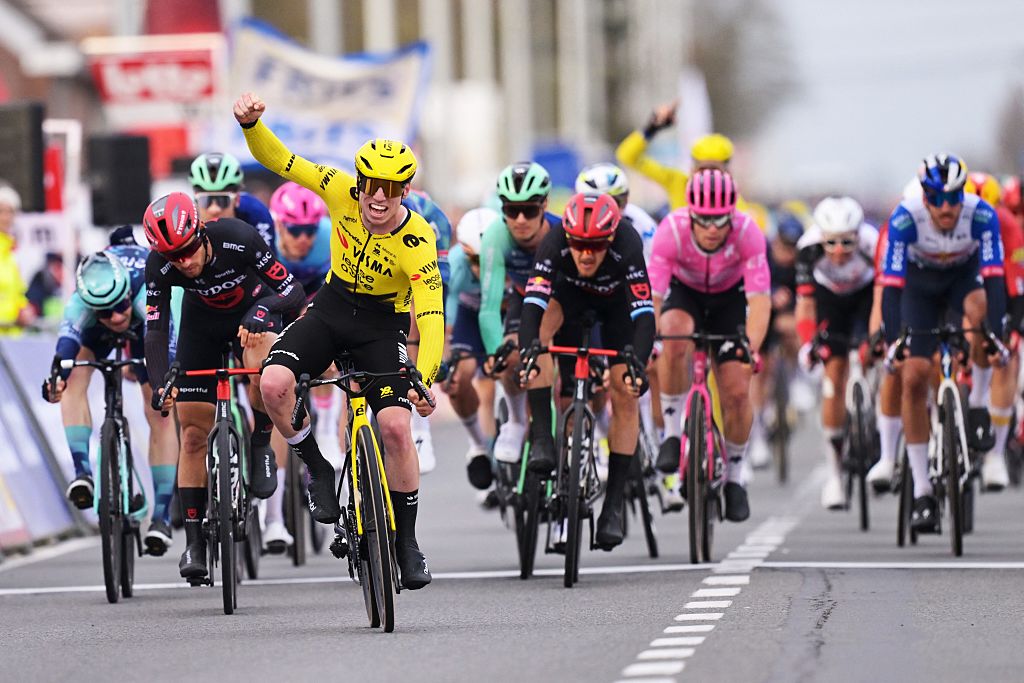 British James Matthew Brennan of Team Visma-Lease a Bike celebrates after winning the 78th edition of the men elite race of the Kuurne-Brussels-Kuurne one day cycling race, 195 km from Kuurne to Kuurne via Brussels, Sunday 01 March 2026. BELGA PHOTO DAVID PINTENS (Photo by DAVID PINTENS / BELGA MAG / Belga via AFP)