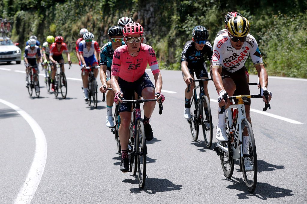 LE SAPPEYENCHARTREUSE FRANCE JUNE 04 Lawson Craddock of United States and Team EF Education Nippo Greg Van Avermaet of Belgium and AG2R Citren Team in breakaway during the 73rd Critrium du Dauphin 2021 Stage 6 a 1672km stage from LoriolsurDrome to Le SappeyenChartreuse 1003m UCIworldtour Dauphin dauphine on June 04 2021 in Le SappeyenChartreuse France Photo by Bas CzerwinskiGetty Images