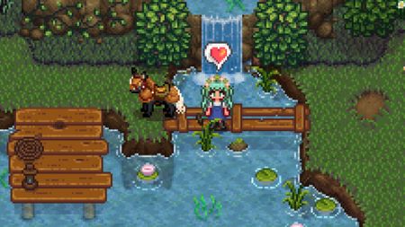 Modded Stardew Valley farmer standing beside her custom horse and farm layout