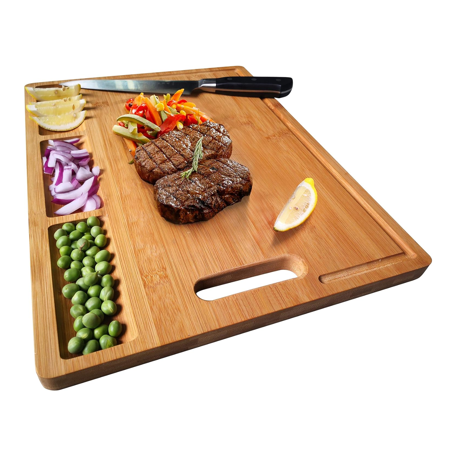 A wood chopping board with in-built prep spaces