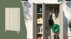 cut out of IKEA cabinet and lifestyle shot of it being used as a shed