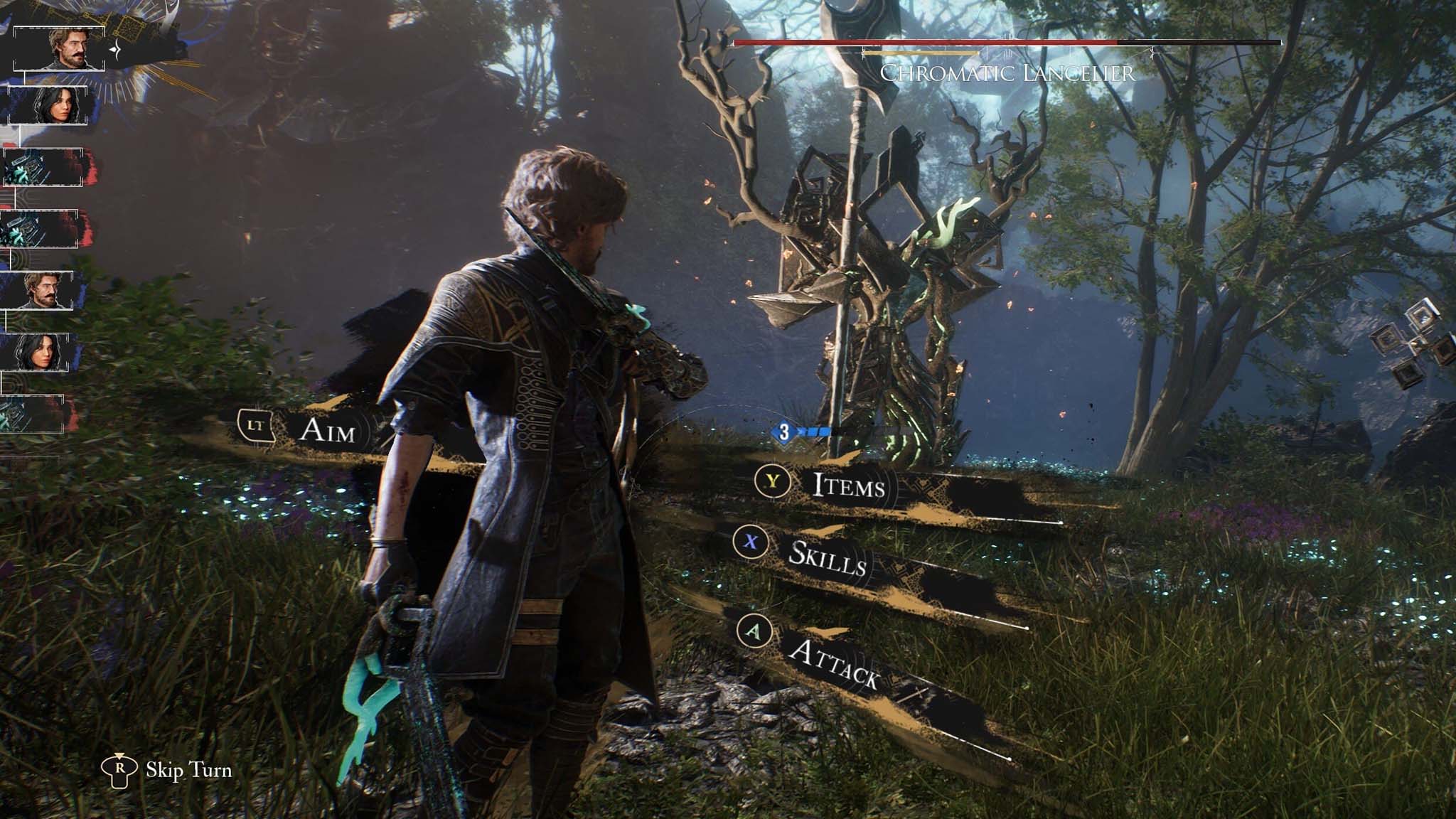 A screenshot from Clair Obscur: Expedition 33 showing Gustave fighting a Chromatic Lancier.