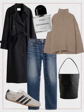 Winter outfit collage of a black H&M maxi trench, Byredo Oud Immortel fragrance, COS beige chunky turtleneck sweater, J.Crew black bucket shoulder bag, Madewell barrel jeans, and Adidas Tokyo sneakers.