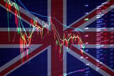 Union Jack flag on the background of stock charts
