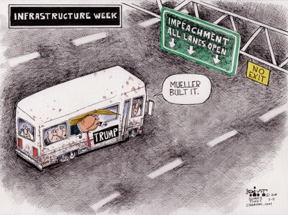 Political cartoon U.S. Trump infrastructure week impeachment Russia investigation Mueller