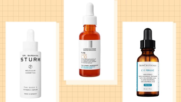 three of My Imperfect Life's best vitamin c serums on a pale orange background