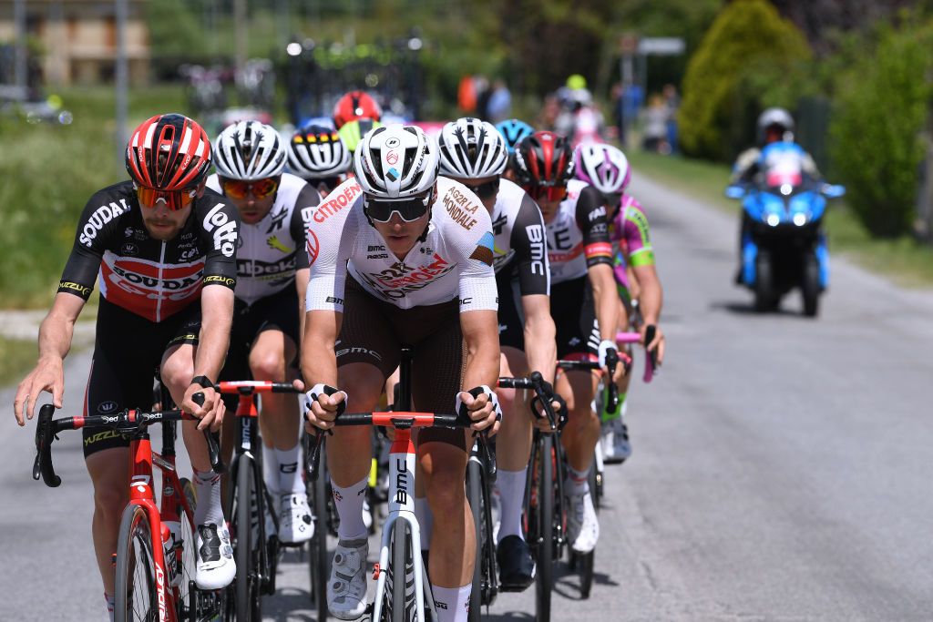 MONTALCINO ITALY MAY 19 Harm Vanhoucke of Belgium and Team Lotto Soudal Lawrence Naesen of Belgium and AG2R Citren Team in breakaway during the 104th Giro dItalia 2021 Stage 12 a 162km stage from Perugia to Montalcino 554m girodiitalia UCIworldtour Giro on May 19 2021 in Montalcino Italy Photo by Tim de WaeleGetty Images