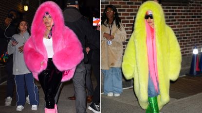 Nicki Minaj in a pink fur coat and yellow fur coat.