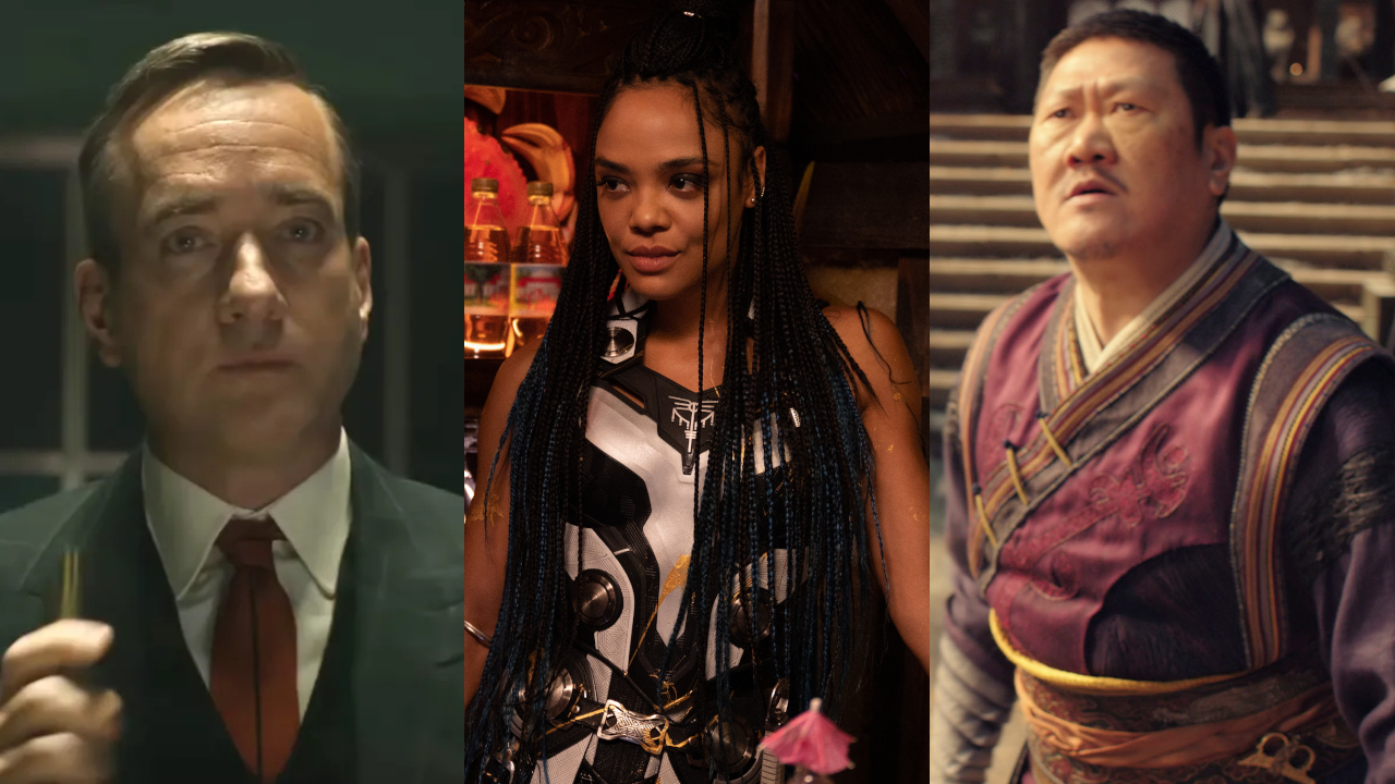 Matthew Macfadyen in Deadpool & Wolverine, Tessa Thompson in Thor: Love and Thunder, and Benedict Wong in Doctor Strange in the Multiverse of Madness, pictured side by side.